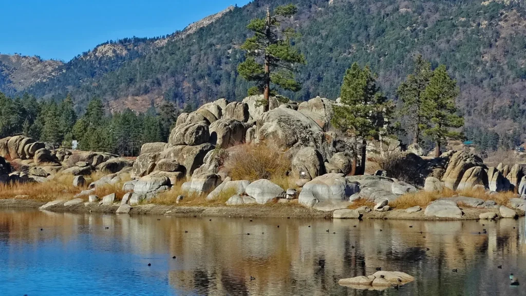 Boulder Bay rocks and pines on Big Bear Lake