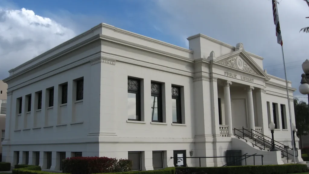 The white 1908 Carnegie library building that houses the Colton Area Museum
