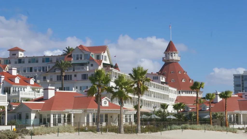 The red-roofed Hotel del Coronado on Coronado beach