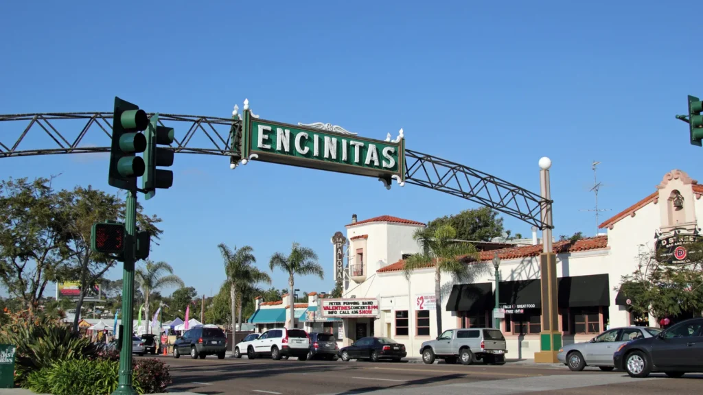 The Encinitas welcome arch and La Paloma Theatre on Highway 101
