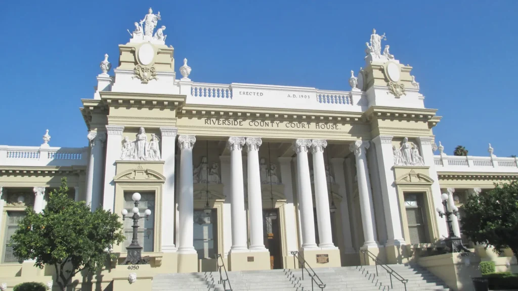 The historic Riverside County Courthouse, a white Beaux-Arts building in downtown Riverside