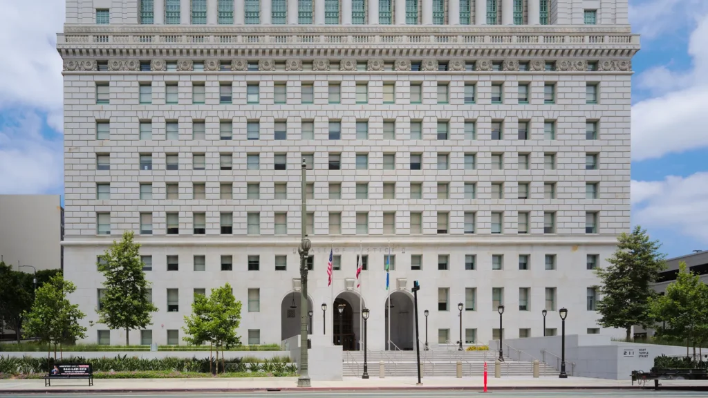Hall of Justice, a white granite landmark in downtown Los Angeles