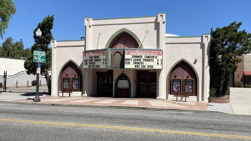 The white High Street Arts Center theater with red arched doors on High Street in Moorpark
