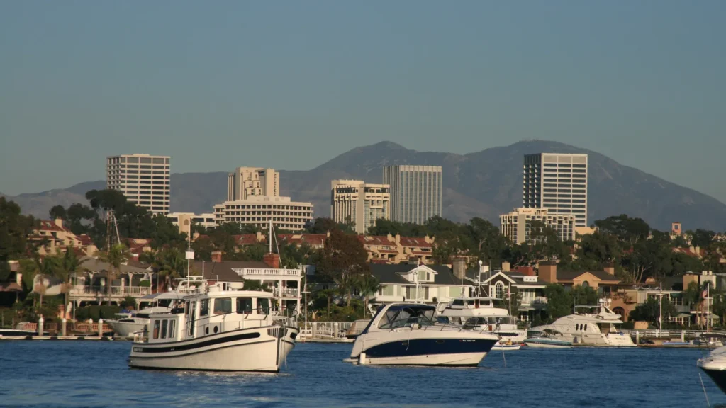 Newport Harbor with the Newport Center skyline and Santa Ana Mountains, Newport Beach