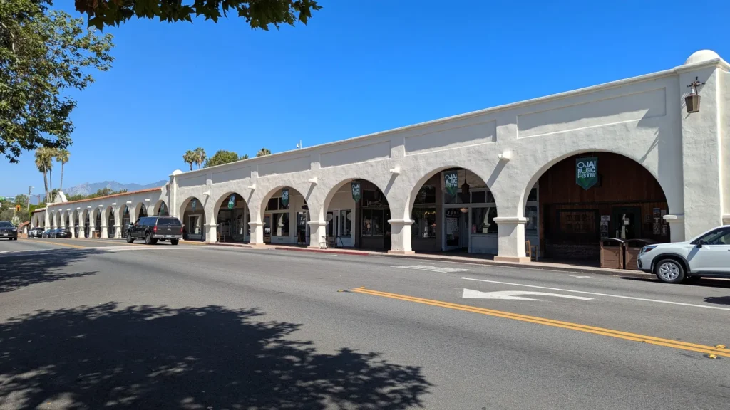 The white arched Ojai Arcade along Ojai Avenue in downtown Ojai