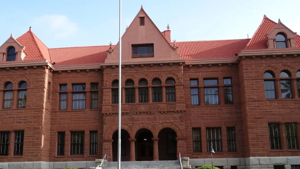 Historic Old Orange County Courthouse, a red sandstone landmark in Santa Ana