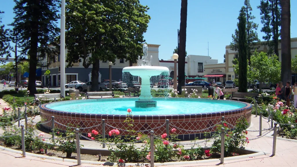 Fountain in the Plaza at Old Towne Orange, in the City of Orange where the Theo Lacy Facility is located