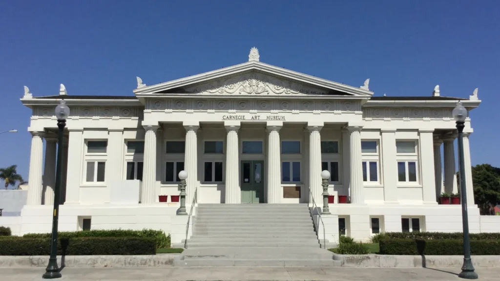 The white columned Carnegie Art Museum building in downtown Oxnard