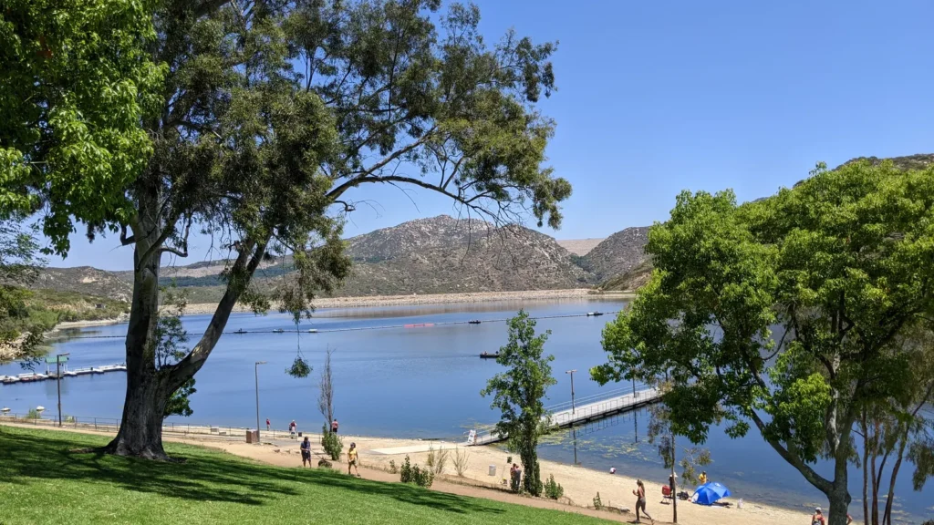 Lake Poway and its surrounding hills in Poway