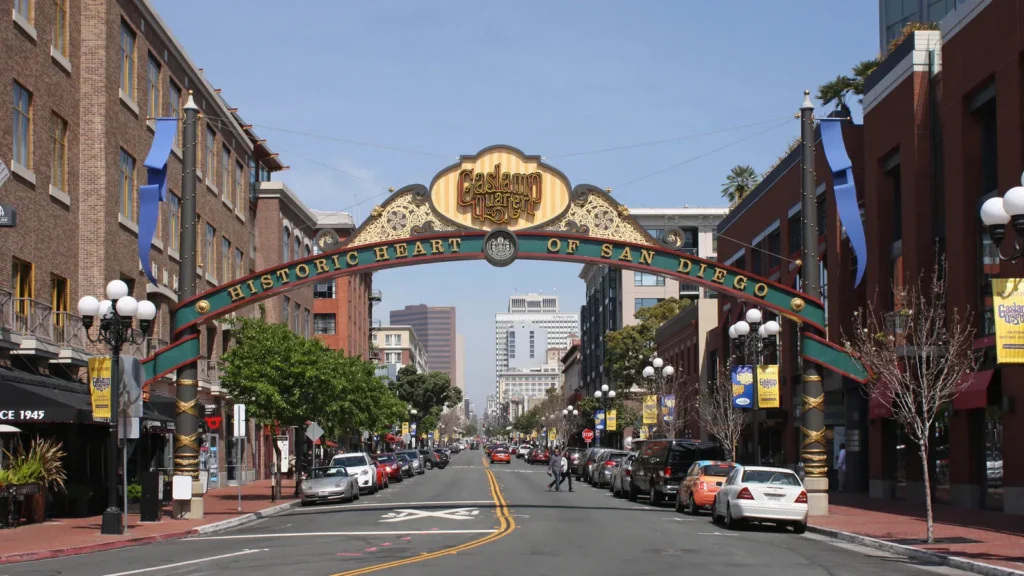 The Gaslamp Quarter arch sign over Fifth Avenue in downtown San Diego