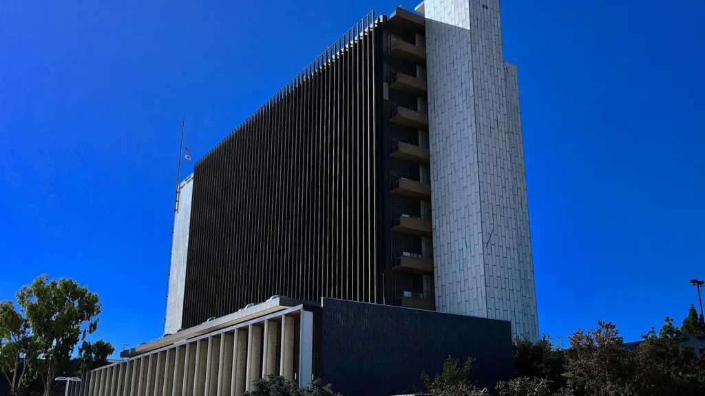 Orange County courthouse building in the Santa Ana Civic Center, near the Intake Release Center