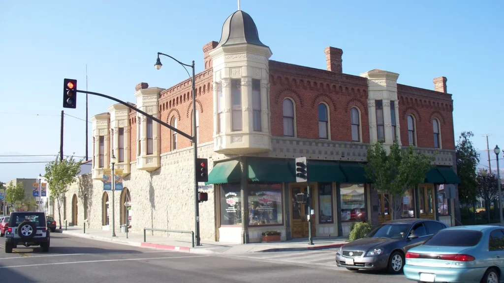 The red brick Union Oil Company Building with a corner tower on Main Street in Santa Paula