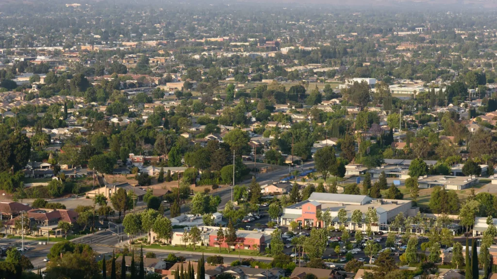 A view over Simi Valley homes and streets toward the mountains, from Mount McCoy