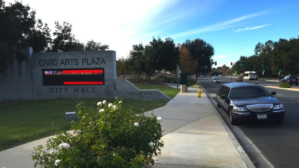 The Civic Arts Plaza and City Hall sign on Thousand Oaks Boulevard