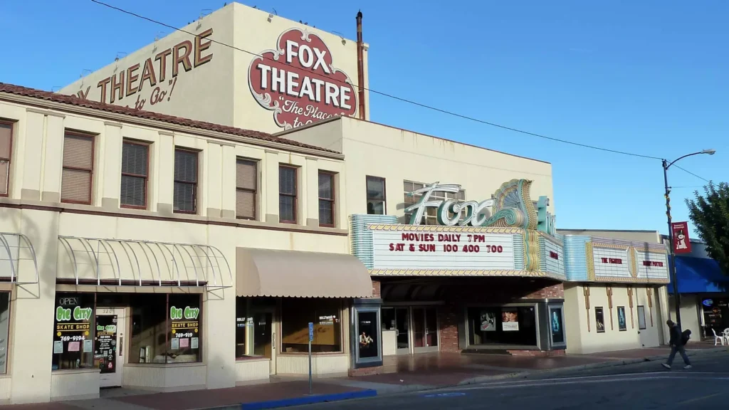 The Fox Theatre marquee and sign on a downtown Taft street