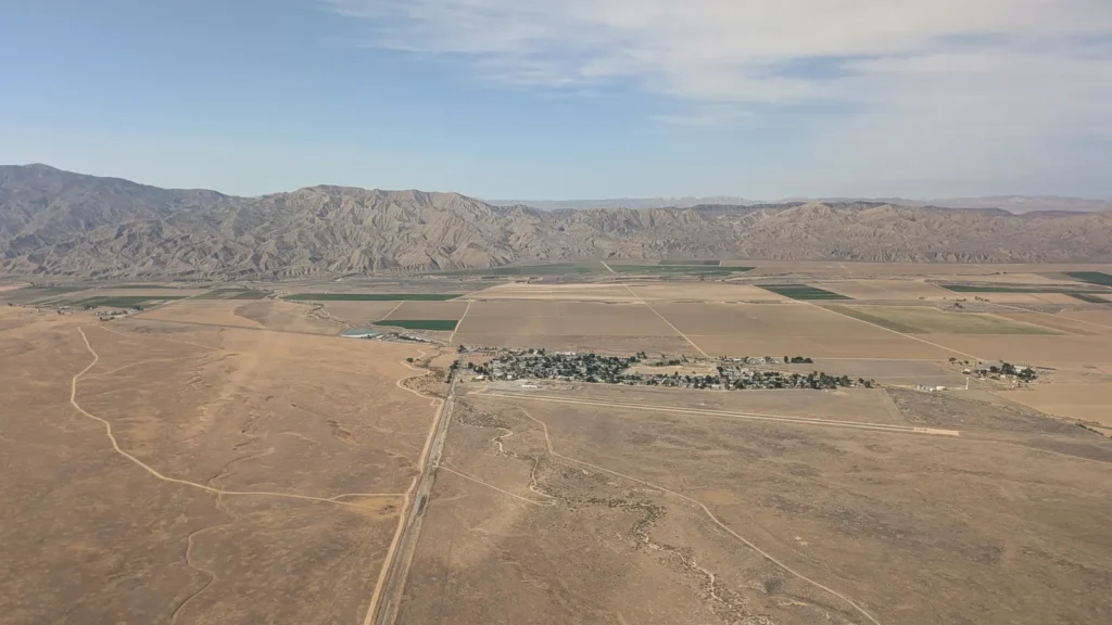 The small town of New Cuyama in the dry Cuyama Valley, seen from an airplane