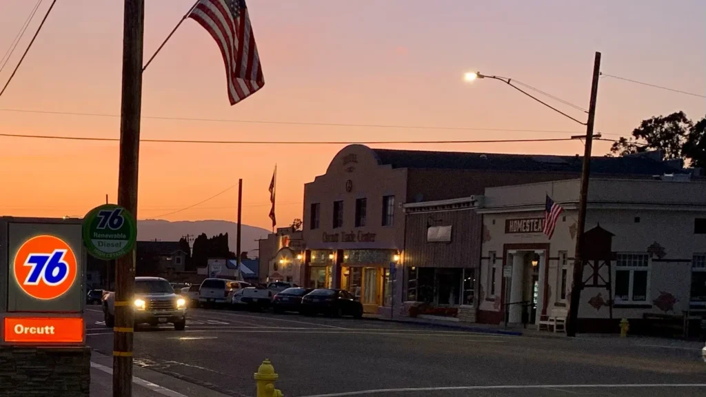 Clark Avenue in Old Town Orcutt, California, at dusk