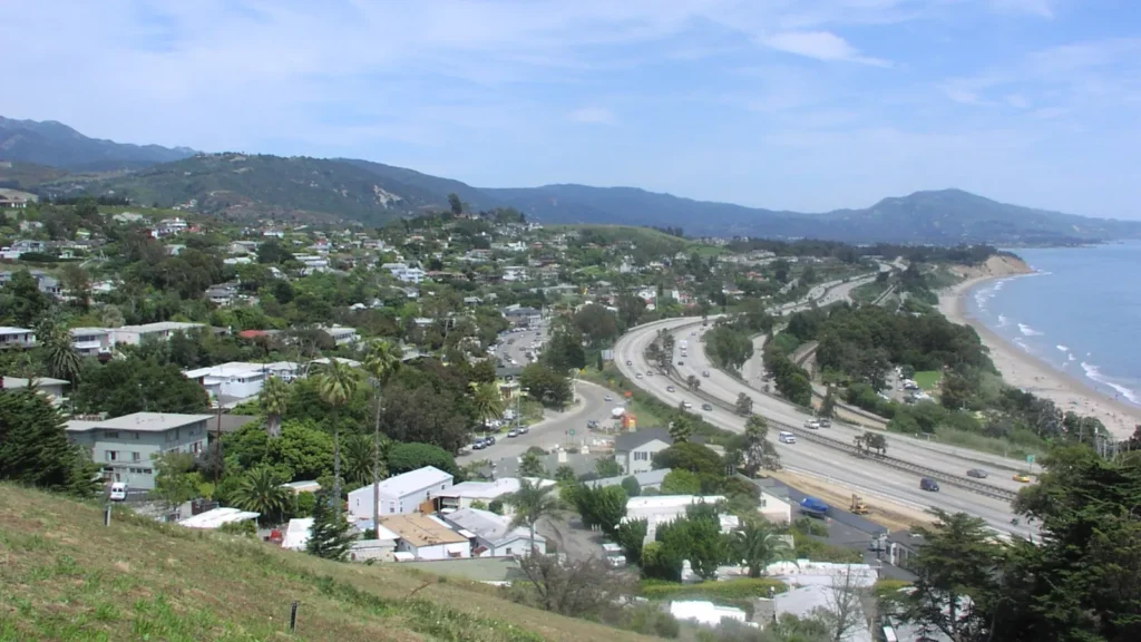 The town of Summerland on a hillside above Highway 101 and the beach