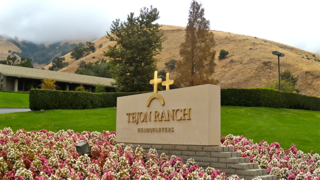 The Tejon Ranch headquarters sign among flowers, with hills behind
